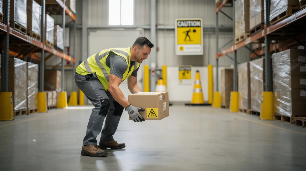 The image depicts a worker in a warehouse cautiously lifting a small box, with visible caution signs in the background to emphasize safety. This scene highlights the importance of proper lifting techniques to prevent on-the-job injuries, which are often addressed within the workers' compensation system.