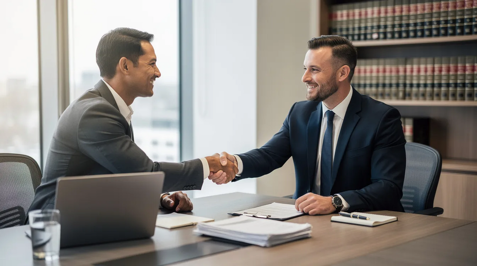 The image depicts a professional attorney and a client shaking hands across an office desk, symbolizing a collaborative relationship in navigating the workers' compensation system. This setting suggests a focus on legal support for injured workers in Louisiana, emphasizing the importance of proper medical care and benefits following a work-related injury.