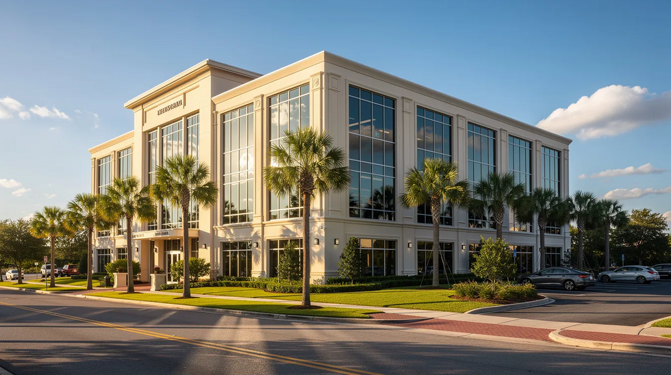 The image depicts the exterior of a modern office building in Louisiana, surrounded by palm trees under a clear blue sky on a sunny day. This office could be associated with an insurance company or a workers compensation law firm, providing services related to medical care and benefits for injured workers.
