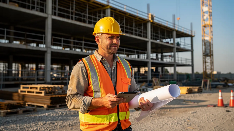 The image shows a construction worker wearing a hard hat and safety vest, standing confidently at a job site surrounded by construction materials and equipment. This scene highlights the importance of safety and the role of workers in the construction industry, where they may be eligible for workers compensation benefits in case of a work-related injury.