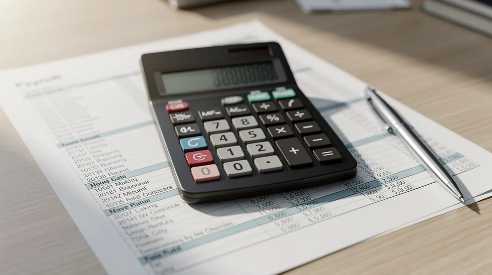 The image shows a calculator resting on top of payroll documents on an office desk, emphasizing the financial aspects of managing workers compensation claims, including wage benefits and medical treatment for injured workers. This setting highlights the importance of calculating average weekly wages and understanding the Louisiana workers compensation system.