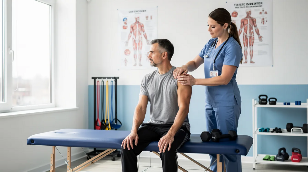 The image shows a patient engaged in physical therapy for their shoulder in a clinical setting, highlighting the importance of medical treatment for injured workers. This therapy is often essential for achieving maximum medical improvement following a work-related injury, ensuring that patients can receive benefits and return to their pre-injury wages.