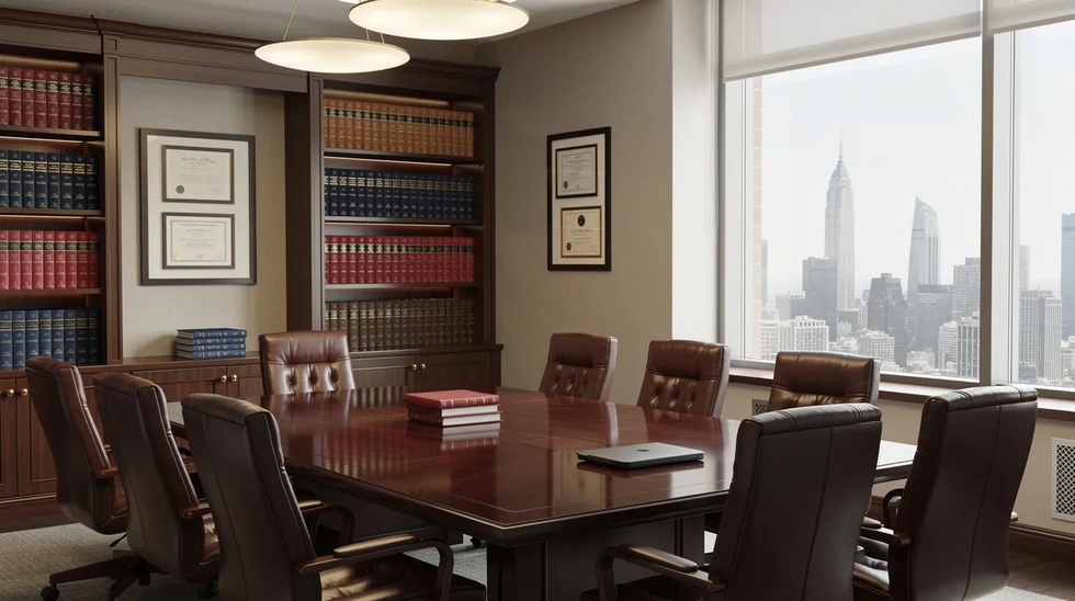 The image depicts a professional law office conference room featuring shelves filled with legal books, creating an atmosphere conducive to discussions about workers compensation claims and related legal matters. This setting is ideal for meetings focused on topics such as medical treatment, disability benefits, and the intricacies of Louisiana workers compensation law.