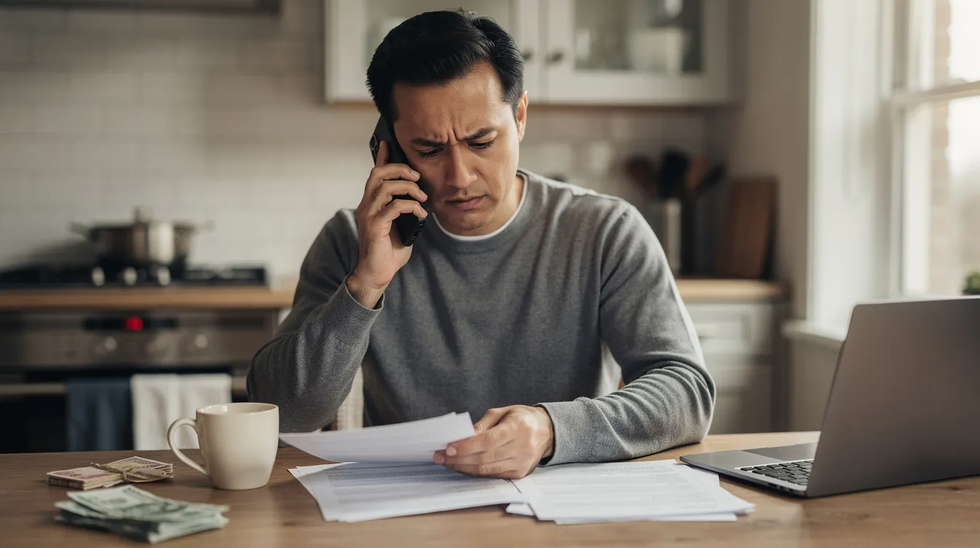 The image shows a person sitting at a kitchen table, engaged in a phone conversation while reviewing paperwork related to their workers' compensation claim. They appear focused, possibly discussing details about their medical treatment and benefits following a work-related injury.