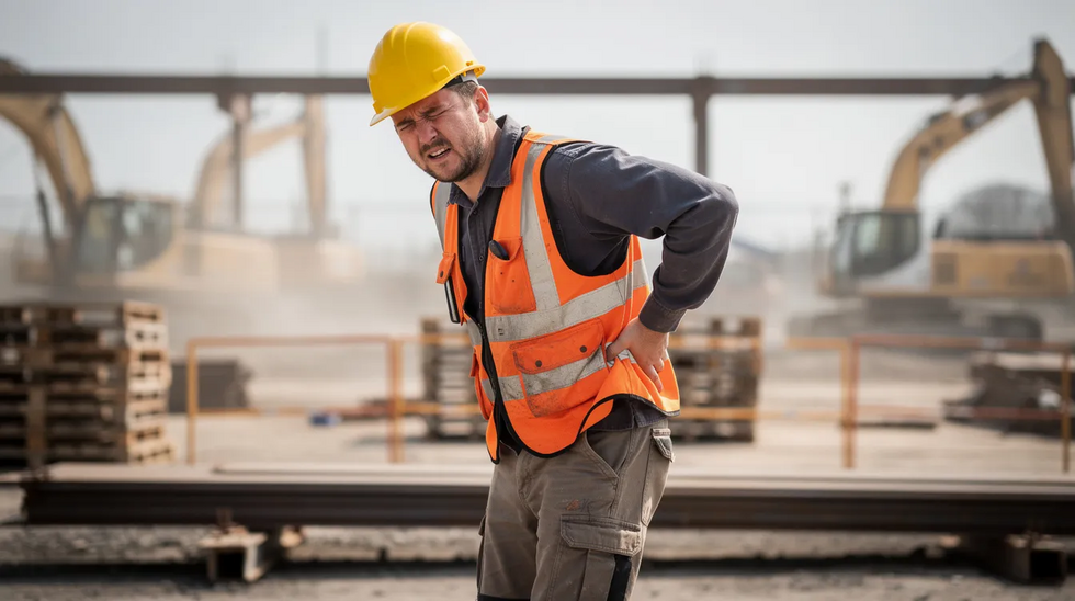 A worker in a hard hat and safety vest is standing at an industrial work site, visibly in pain as they hold their lower back, indicating a possible workplace injury. This scene highlights the challenges faced by injured workers in Louisiana, who may need to file a workers compensation claim to access medical benefits and support for their recovery.