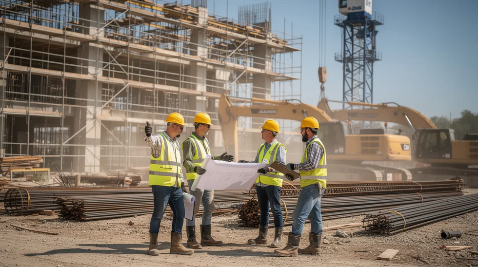 The image depicts construction workers actively engaged on a job site, surrounded by scaffolding and heavy equipment, highlighting the potential for workplace injuries. This scene emphasizes the importance of understanding workers compensation law and the rights of injured workers in Louisiana, particularly regarding medical benefits and claims for work-related injuries.