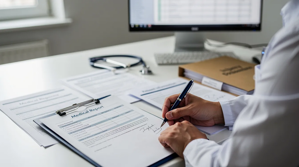 A person is seated at a desk, diligently writing notes while surrounded by various medical documents, symbolizing the process of injury documentation for a workers compensation claim. This scene highlights the importance of accurate medical evidence and documentation for injured workers seeking benefits after a workplace accident.
