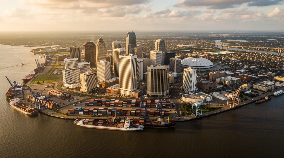 An aerial view of the New Orleans skyline showcases the iconic architecture alongside the winding Mississippi River and the bustling port area. This vibrant scene highlights the city's unique blend of culture and commerce, reflecting the importance of workplace safety and the rights of injured workers in Louisiana.