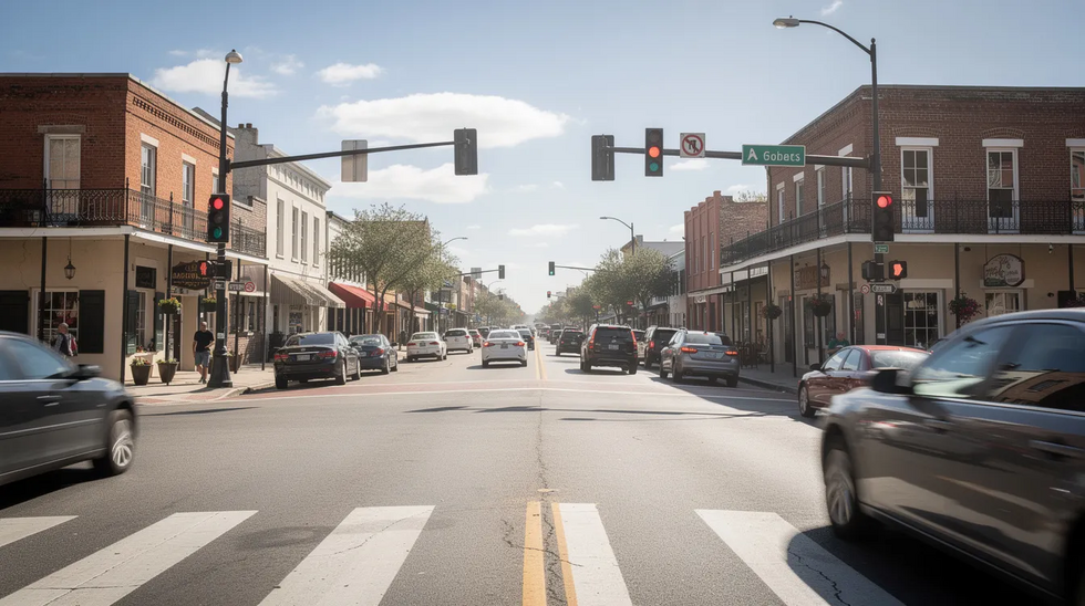 The image depicts a bustling urban intersection in a Louisiana city, filled with cars navigating through traffic signals and crosswalks under bright daylight. This scene highlights the importance of safe driving practices to avoid serious accidents and personal injury claims, emphasizing the need for a skilled Louisiana car accident attorney in the event of a collision.