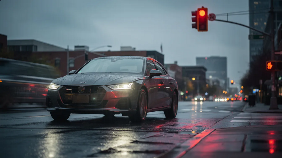 A car is approaching an intersection as the traffic light transitions from yellow to red, indicating the need to stop. This moment captures the potential for serious crashes, highlighting the importance of understanding traffic signals and the risks of running red lights in Louisiana.