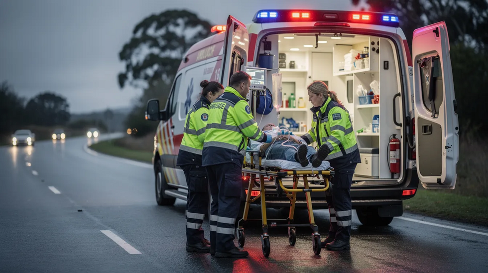 An emergency medical team is providing assistance to an injured person on a stretcher at the side of a road, with a vehicle involved in a car accident nearby. This scene highlights the urgent response to serious injuries that can occur in auto accidents, emphasizing the importance of seeking legal advice from a Louisiana car accident attorney for personal injury claims.