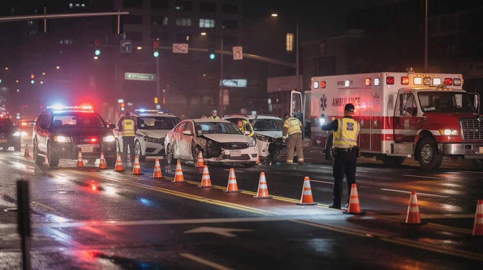The image depicts emergency vehicles and first responders at the scene of a car accident near an intersection, with traffic cones set up to manage oncoming traffic. The scene illustrates the urgency of addressing serious injuries and gathering evidence for potential personal injury claims related to the crash.