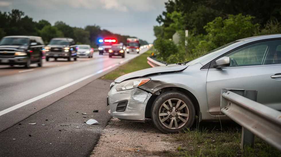 The image depicts a damaged sedan on the shoulder of a busy Louisiana highway, with emergency lights flashing in the background, indicating a recent accident. This scene highlights the importance of understanding insurance coverage and the claims process for property damage claims and potential injury claims following a motor vehicle incident.