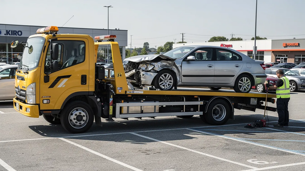 A tow truck is loading a wrecked vehicle onto its flatbed in a parking lot, highlighting the aftermath of a motor vehicle accident. This scene may involve insurance claims related to property damage, where the vehicle's actual cash value and fair market value are assessed for compensation under Louisiana law.