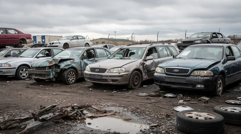 The image shows several damaged cars in a salvage yard under a cloudy sky, highlighting the effects of property damage. This scene reflects the challenges faced in the claims process for motor vehicle accidents, where determining the vehicle's actual cash value is crucial for fair compensation under Louisiana law.