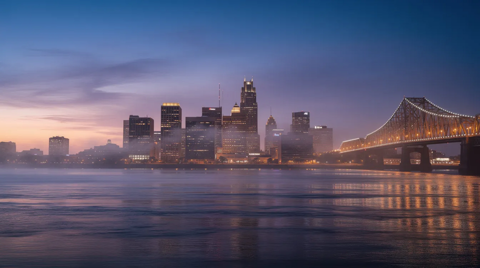 The image shows the New Orleans skyline at dusk, with the silhouette of the Mississippi River bridge prominently featured against a colorful sunset. The scene captures the essence of the city, with its vibrant atmosphere that reflects the local culture and history.