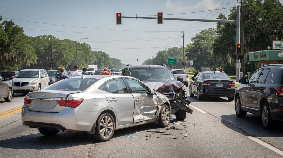 The image depicts a rear-end car collision at a traffic light on a busy Louisiana road, with damaged vehicles and debris scattered. This scene highlights the potential for serious injuries, such as soft tissue damage and chronic pain, that injured victims may face in personal injury cases.
