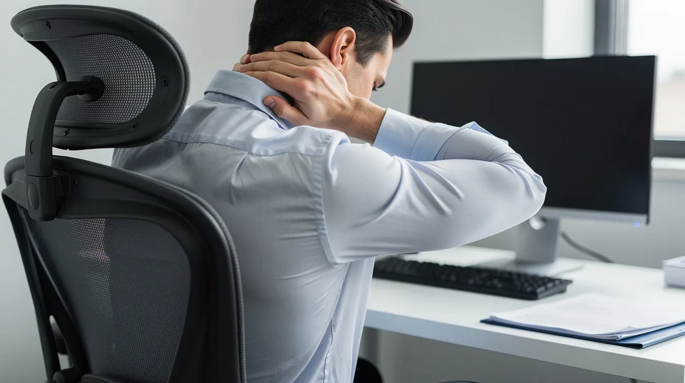 The image shows a person sitting in an office chair, visibly distressed as they hold the back of their neck, indicating discomfort likely associated with neck pain or a soft tissue injury. This scene may resonate with injured victims seeking legal representation for personal injury claims related to car accidents or workplace accidents, highlighting the importance of seeking medical attention and documenting injuries for future compensation.