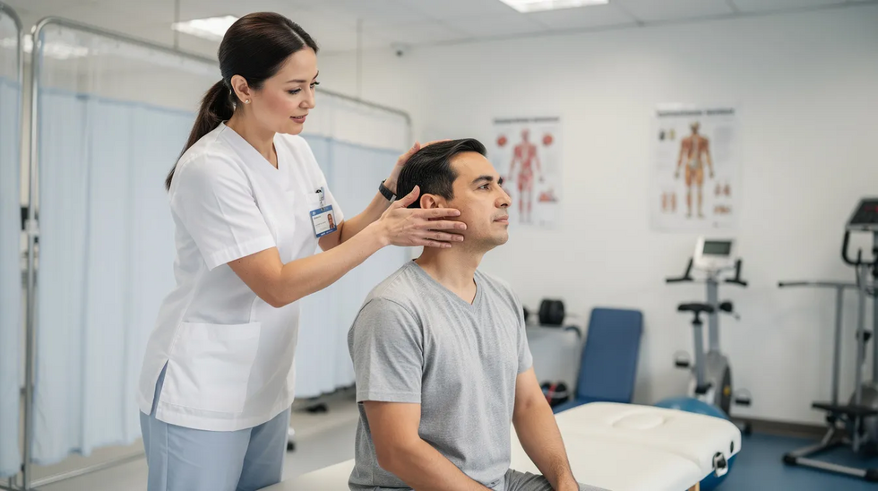 A physical therapist is assisting a patient with a neck exercise in a clinical setting, emphasizing the importance of proper treatment for neck pain and soft tissue injuries. This scene highlights the role of physical therapy in the recovery process for injured victims seeking compensation for medical expenses and lost wages following a car accident.