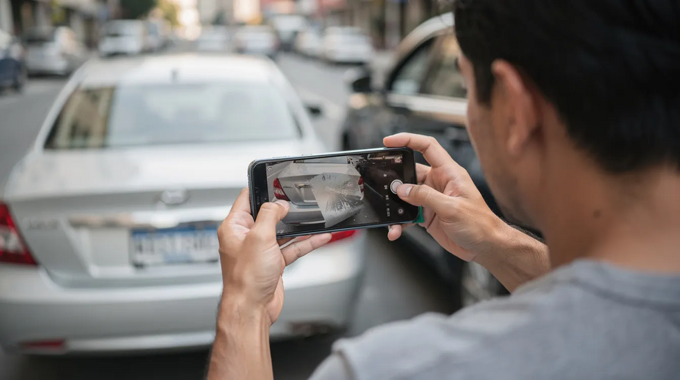 The image shows a person using a smartphone to capture photographs of vehicle bumper damage following a minor car accident. This documentation can be crucial for personal injury claims, helping injured victims recover compensation for medical expenses and lost wages related to the incident.