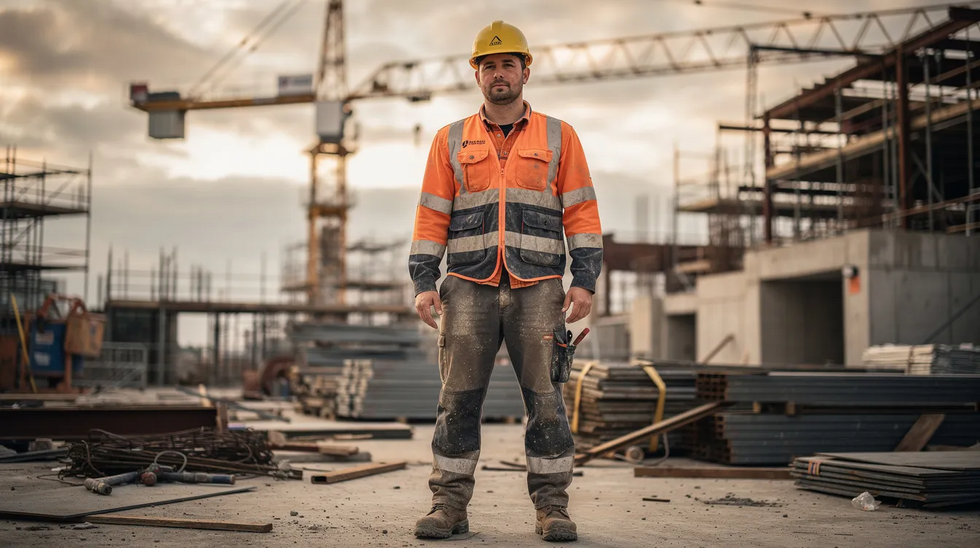 The image shows a construction worker wearing a hard hat and a bright safety vest, standing on an industrial job site surrounded by equipment and materials. This scene highlights the importance of workplace safety and the potential for workplace injuries, which may lead to workers compensation claims under Louisiana workers compensation law.