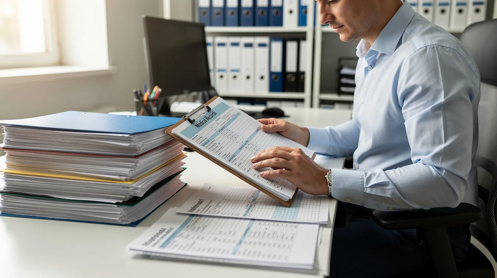 The image shows a person sitting at a desk, carefully reviewing a stack of medical documents and folders related to their workers compensation claim. The individual appears focused, likely assessing medical records and evidence pertinent to a workplace injury, which may include information on pre-existing conditions and medical treatment.