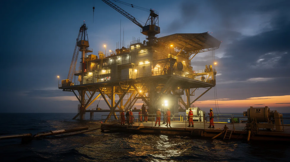 The image depicts an offshore oil platform at dusk, with several workers visible on the deck, engaged in their job duties. The scene highlights the challenging environment faced by offshore workers, who may be at risk of workplace injuries requiring workers compensation claims and medical treatment under Louisiana workers compensation law.