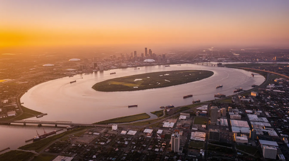 An aerial view captures the winding Mississippi River as it flows through the Greater New Orleans area, illuminated by the warm hues of sunset. The scene showcases the vibrant landscape, with the river reflecting the colorful sky, symbolizing the beauty of Louisiana while highlighting the importance of understanding local laws, including those related to workers compensation claims and benefits for injured workers.