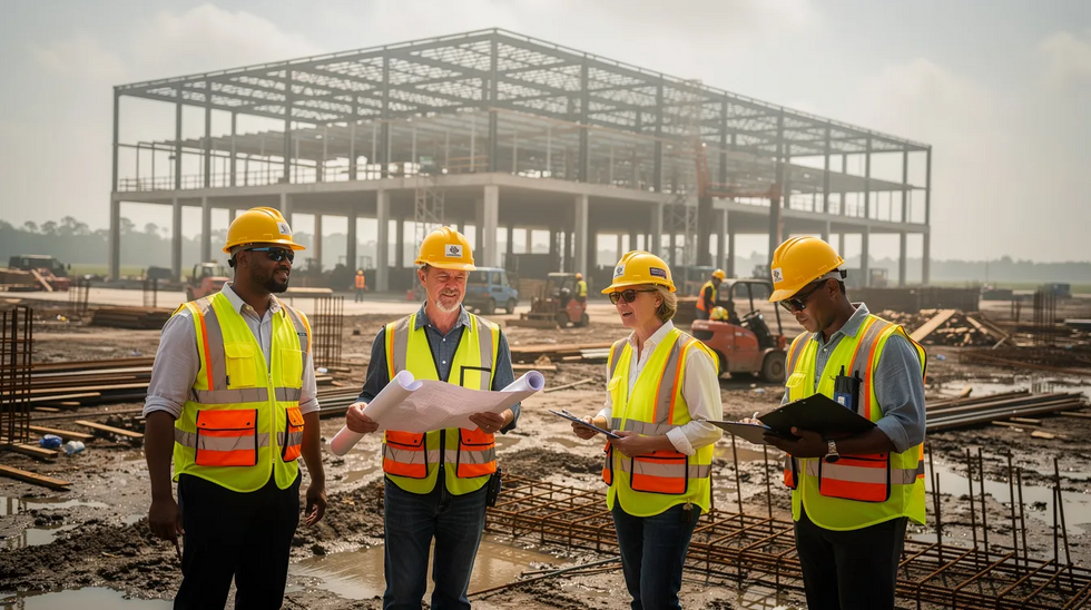 A group of construction workers, wearing hard hats and bright safety vests, are actively working on a commercial building jobsite in south Louisiana. This scene highlights the importance of workplace safety and the role of independent contractors in the construction industry, where workers compensation laws protect injured employees.
