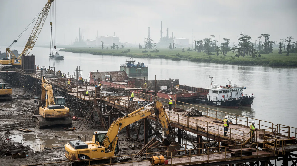 The image depicts an industrial worksite along a Louisiana waterway, featuring heavy equipment and scaffolding, indicative of manual labor and construction activities. This environment highlights the importance of understanding Louisiana workers compensation laws for independent contractors and employees in case of workplace accidents or injuries.