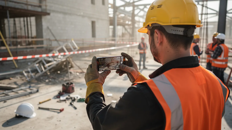 A construction worker is using a smartphone to photograph an accident scene on a worksite, highlighting the importance of documenting workplace incidents for potential workers compensation claims. This action reflects the need for independent contractors to understand their rights under Louisiana workers compensation laws.