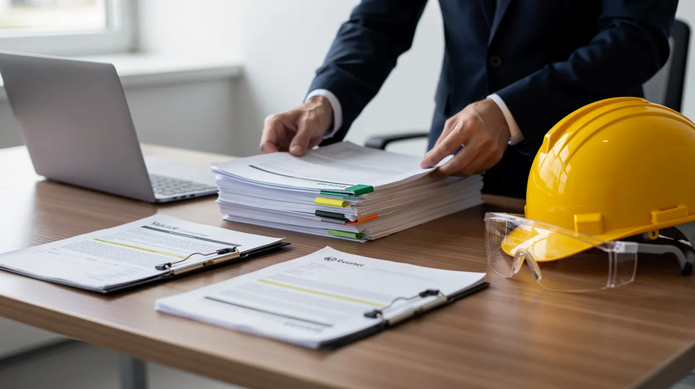 A person is organizing work documents and contracts on a desk, which includes a hard hat and safety glasses, suggesting a focus on workplace safety and compliance for independent contractors in Louisiana. This scene highlights the importance of managing workers compensation claims and understanding the relevant laws for injured workers in the construction industry.