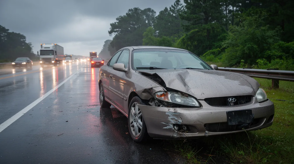 The image shows a damaged car after a collision on a wet Louisiana road, with traffic visible in the background. This scene highlights the potential consequences of car accidents, which can lead to personal injury claims and the importance of understanding Louisiana's statute of limitations for filing a personal injury lawsuit.