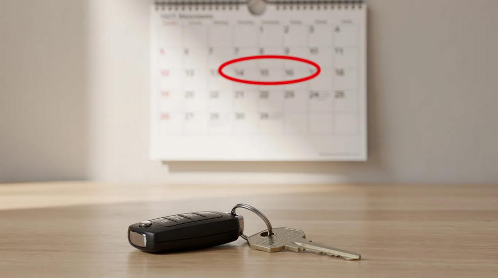 The image shows a wall calendar with a specific date circled in red marker, indicating a crucial deadline, placed next to a set of car keys on a desk. This scene may symbolize the importance of timely legal action in personal injury cases, such as car accident claims, particularly considering Louisiana's statute of limitations for filing a lawsuit.