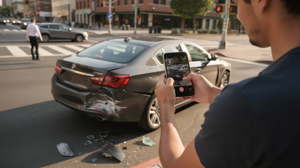 A person is using their smartphone to photograph vehicle damage at an intersection, likely for documentation related to a car accident claim. This action may be crucial for gathering evidence in personal injury cases, especially when seeking fair compensation under Louisiana law.