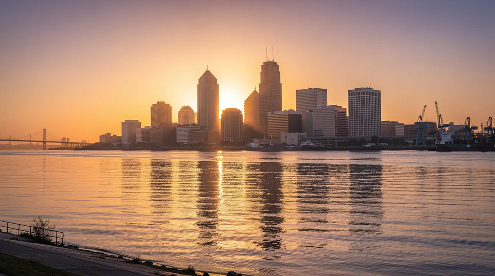 The image captures the stunning Greater New Orleans skyline at sunset, with vibrant hues reflecting off the Mississippi River. This picturesque view symbolizes the beauty of Louisiana, while also reminding viewers of the importance of understanding legal processes, like the statute of limitations for personal injury claims following car accidents.