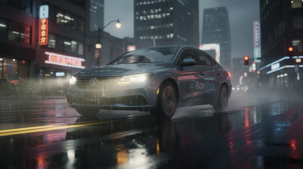 A rideshare vehicle navigates a rain-soaked urban street at night, with its glowing headlights illuminating the wet pavement and reflecting the vibrant city lights. This scene captures the atmosphere of rideshare services like Uber and Lyft, highlighting the potential risks associated with rideshare accidents in urban environments.