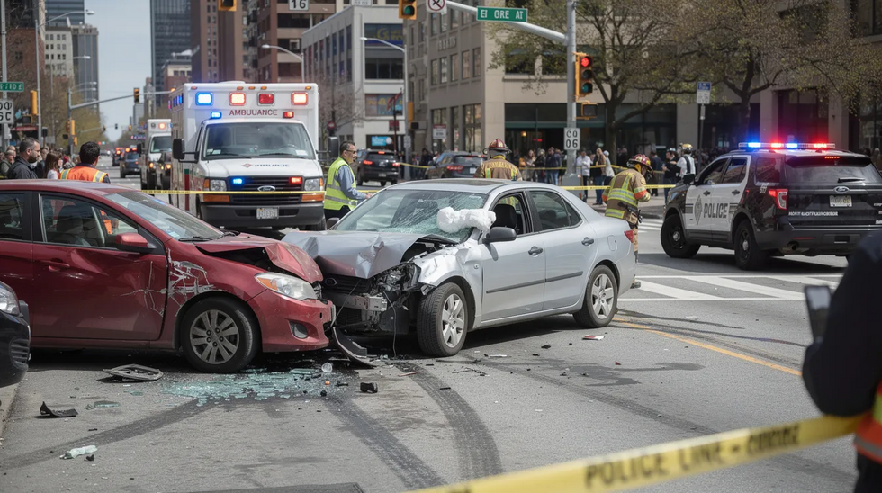 The image depicts emergency vehicles responding to a car accident at an intersection, with damaged cars visible in the foreground during daylight. This scene highlights the aftermath of a rideshare accident, emphasizing the need for legal assistance from rideshare accident attorneys to seek compensation for medical expenses and property damage.