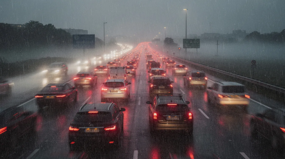 The image depicts a busy highway during a rainstorm, with red brake lights illuminating the scene through the heavy rain and spray. This visual highlights the dangers of driving in adverse weather conditions, which can lead to rideshare accidents and other car accidents, emphasizing the importance of seeking legal advice from accident attorneys in Louisiana.