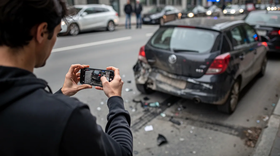 A person is capturing an image of vehicle damage with a smartphone at the scene of a car accident, potentially involving a rideshare vehicle. This scene highlights the importance of documenting evidence for a rideshare accident claim, which can aid in seeking fair compensation for medical expenses and property damage.