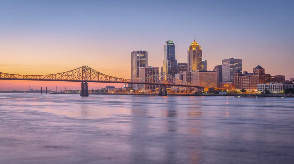 The image captures the New Orleans skyline at dusk, with the Mississippi River flowing in the foreground and a bridge elegantly arching across the water. The vibrant colors of the sunset reflect off the buildings, creating a picturesque scene that highlights the beauty of Louisiana, a place where rideshare accidents can occur, necessitating the expertise of rideshare accident lawyers.