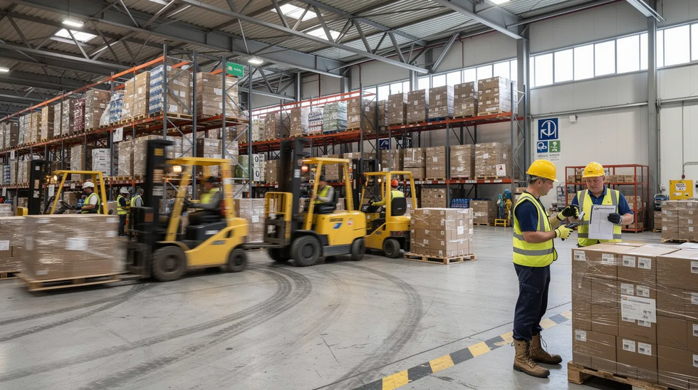 The image shows an industrial warehouse bustling with activity, featuring forklifts transporting pallets while workers move efficiently around the space. This scene highlights the dynamic environment where employees work, emphasizing the importance of workplace safety and the potential for workers compensation claims in case of injuries on the job.