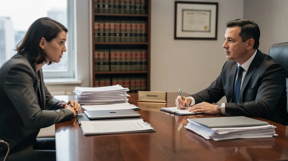 The image depicts a professional meeting between an attorney and a client seated across a desk, surrounded by paperwork related to a workers compensation claim. The attorney appears to be discussing the claims process and potential benefits for the client, who looks engaged and attentive.
