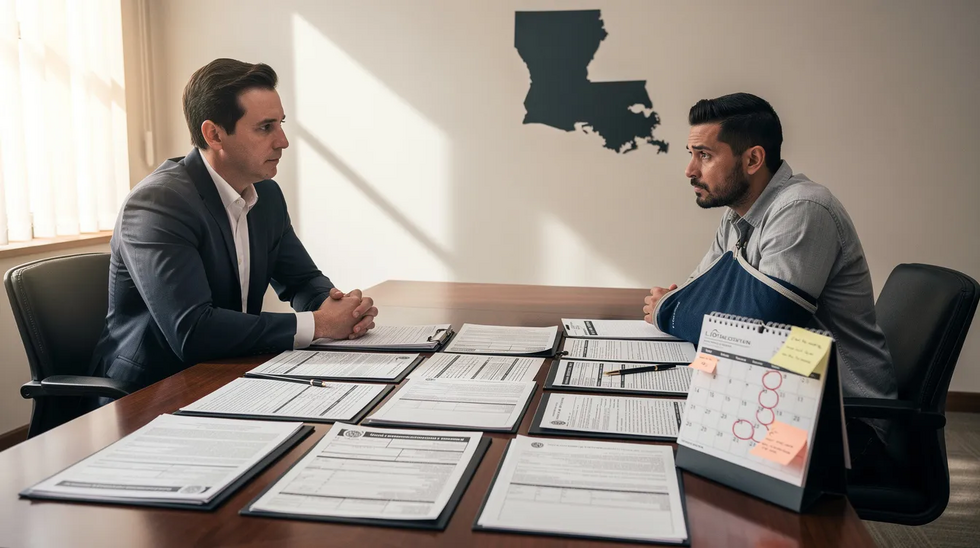 The image depicts an injured worker seated at a desk, intently reviewing workers' compensation claim paperwork with a professional attorney, symbolizing the Louisiana workers' compensation process. Subtle elements like a calendar with deadline markers and official forms enhance the theme of urgency and the importance of timely filing for benefits related to workplace injuries.