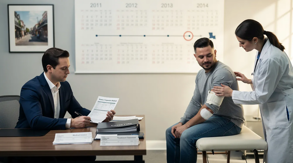 The image depicts an injured worker receiving medical treatment while a workers' compensation attorney reviews important documents, emphasizing the critical deadlines for medical benefits under Louisiana law. Subtle elements like medical bills, a calendar, and a marked three-year timeline highlight the importance of timely action in the workers' compensation process.