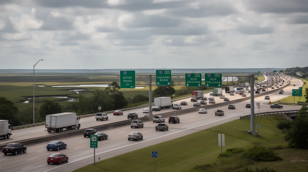The image depicts a busy Louisiana interstate highway with multiple lanes of traffic moving beneath a cloudy sky, highlighting the potential for car accidents to occur in such congested conditions. This scene serves as a reminder of the importance of legal representation from Louisiana car accident attorneys for those involved in auto accidents, especially in cases involving serious injuries or property damage.
