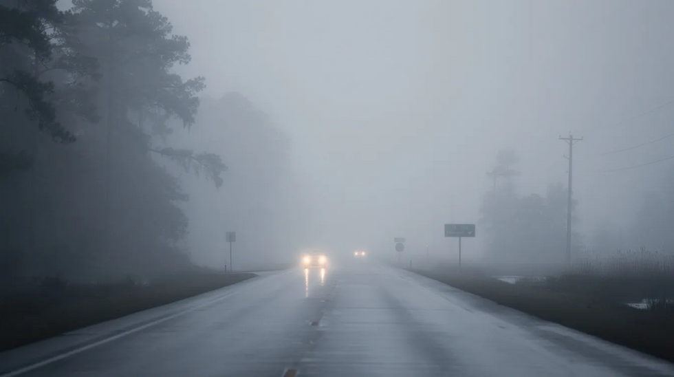 The image shows a foggy Louisiana highway with low visibility, where car headlights are faintly visible in the distance, highlighting the potential dangers of driving in such conditions. This scene serves as a reminder that car accidents can happen unexpectedly, emphasizing the importance of understanding Louisiana law and seeking legal representation from experienced car accident attorneys if an accident occurs.