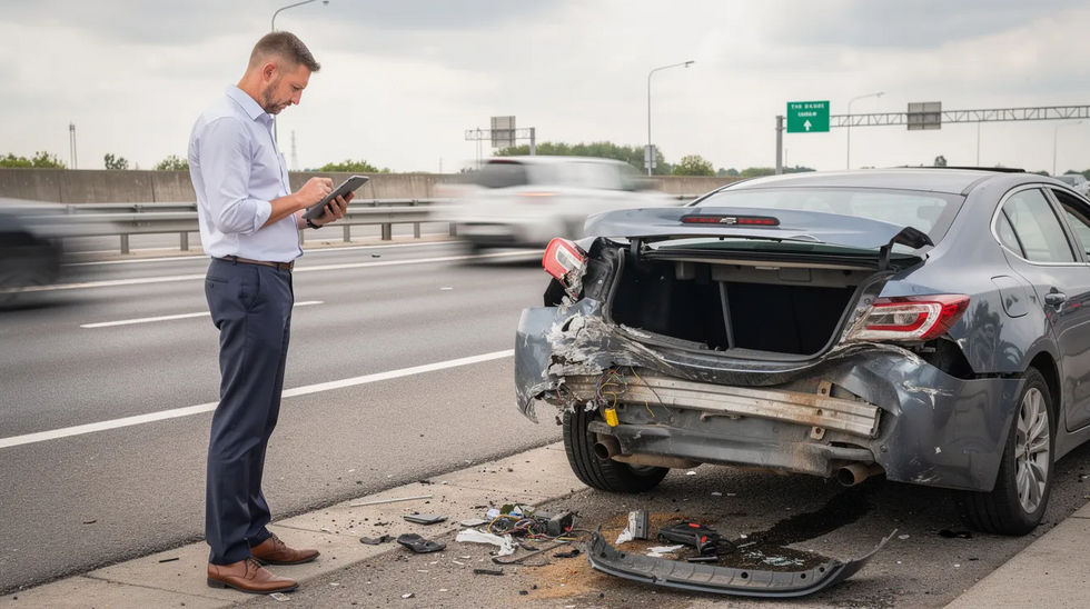 A damaged car with significant rear-end collision damage is being inspected on the side of a highway, highlighting the aftermath of a serious car accident. This scene reflects the importance of legal representation from Louisiana car accident attorneys for those dealing with personal injury claims and insurance companies.
