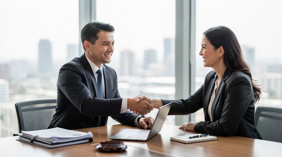 A professional attorney is shaking hands with a client across a desk in a modern office setting, symbolizing the beginning of a personal injury claim process related to car accidents. This image conveys trust and legal representation for individuals seeking compensation for medical bills and lost wages after an auto accident.