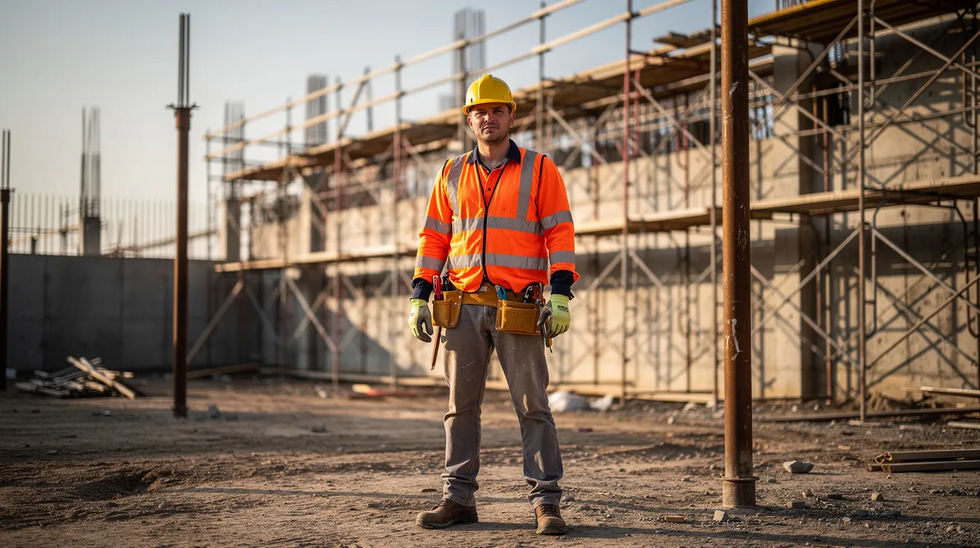 The image shows a worker in a hard hat and safety vest standing confidently at a construction site, with scaffolding visible in the background. This scene highlights the importance of workplace safety and the potential for workers compensation claims for injured workers in Louisiana.
